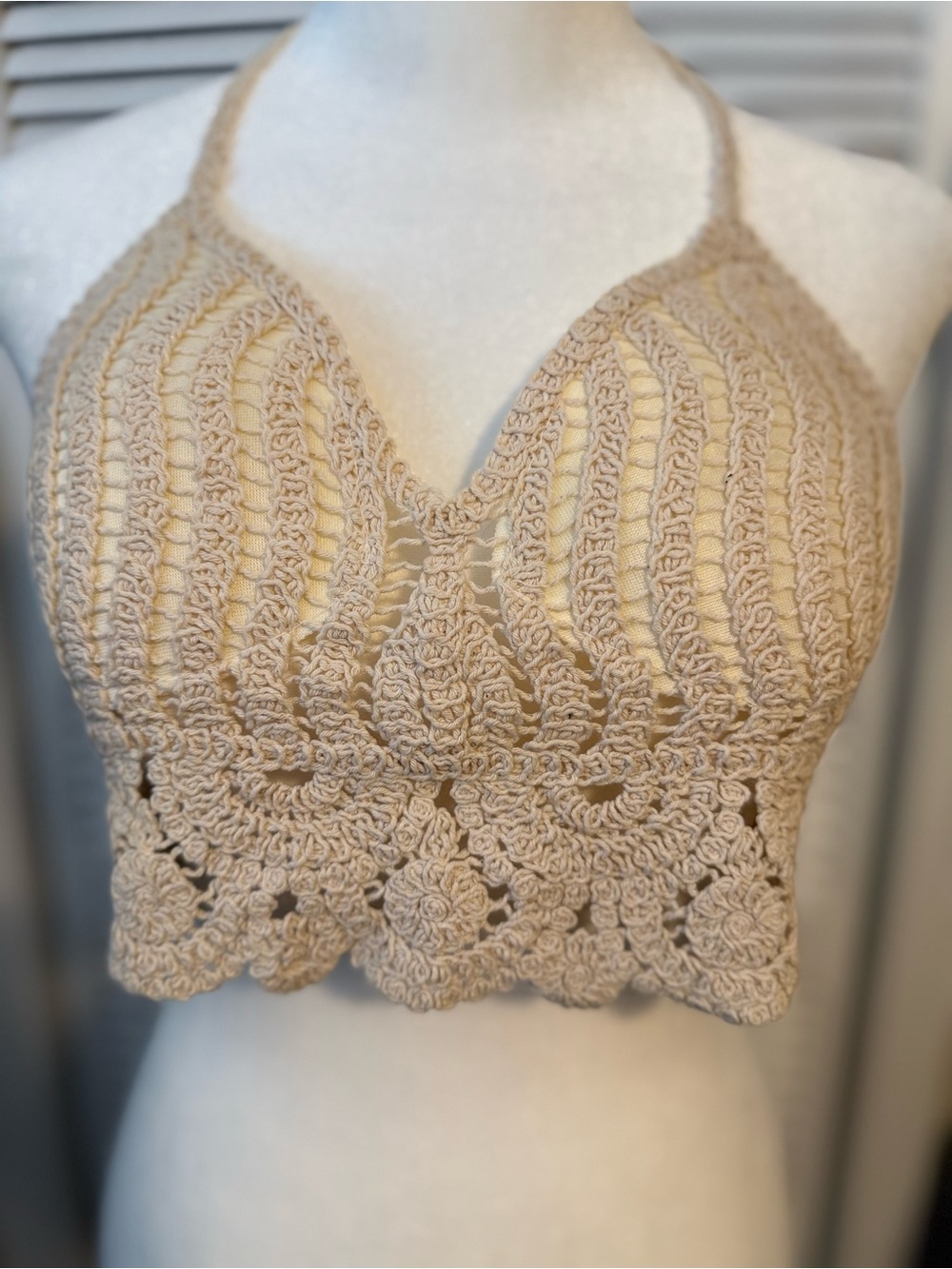 Boho Festival Beach Crochet Cotton Halter Bralette in Beige